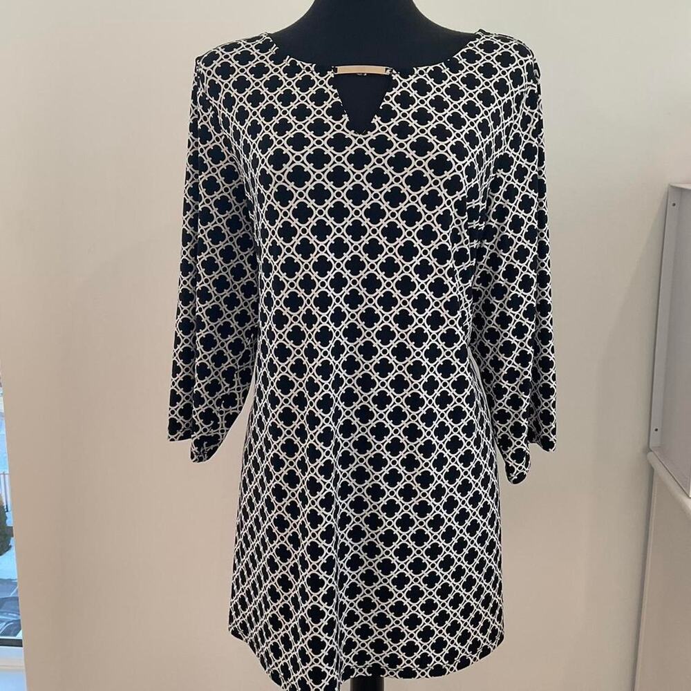 Charter Club Geometric Blouse with Gold Metal Keyhole 3/4 Sleeve Sz 2X